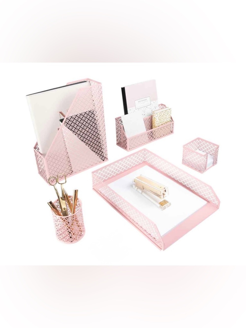 PINK STATIONARY DESK ORGANIZER 5 PIECE SET METAL MESH WORK OFFICE HOME SCHOOL